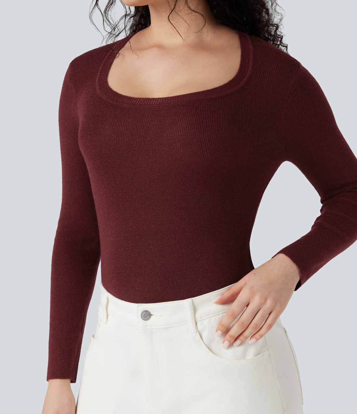 U-Neck Long Sleeve Wool-Blend Casual Jumper — Syrah — view 5