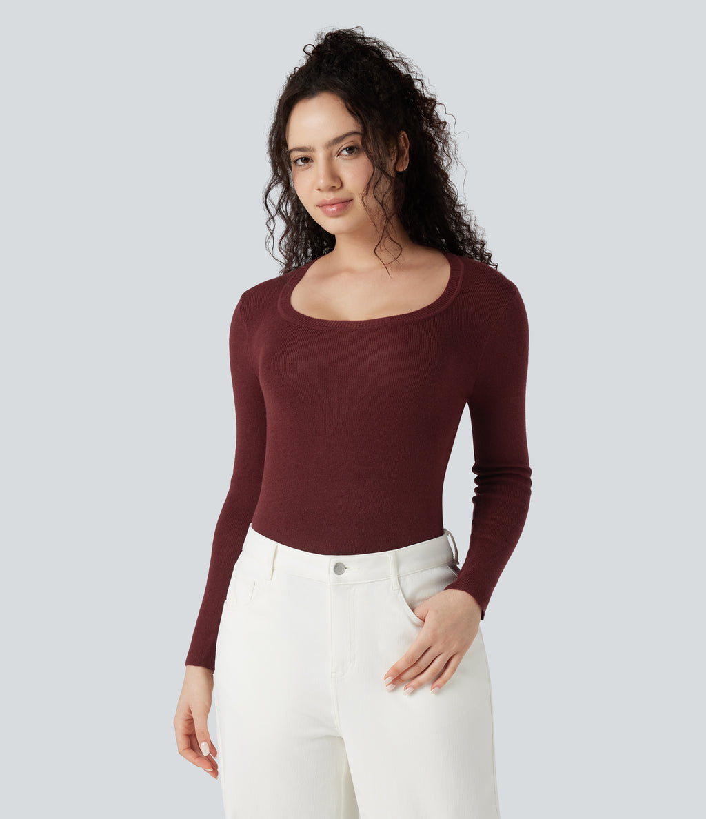 U-Neck Long Sleeve Wool-Blend Casual Jumper — Syrah — view 3