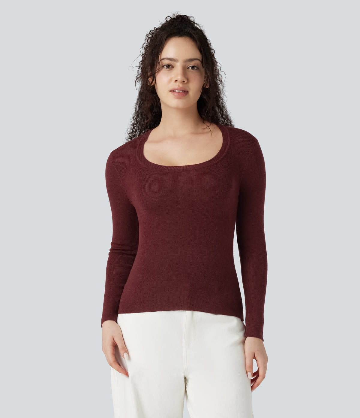 U-Neck Long Sleeve Wool-Blend Casual Jumper — Syrah — view 4