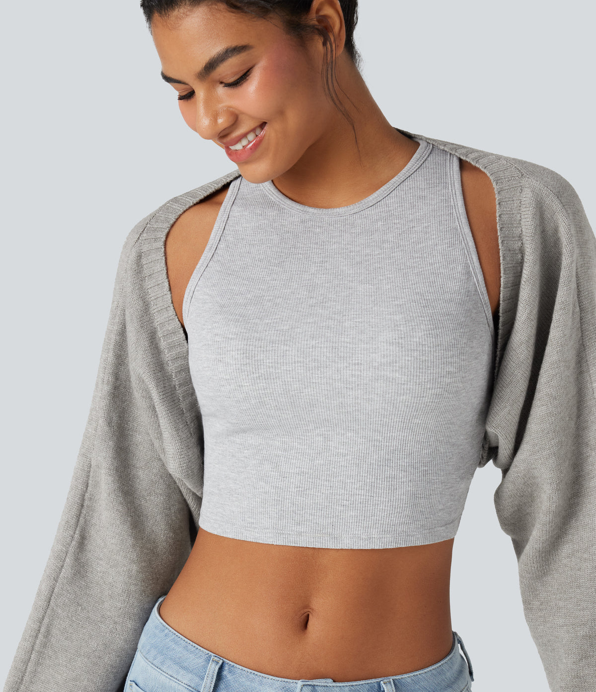 Reglan Long Sleeve Relaxed Fit Casual Jumper Shrug — Ephedra Ash — view 4