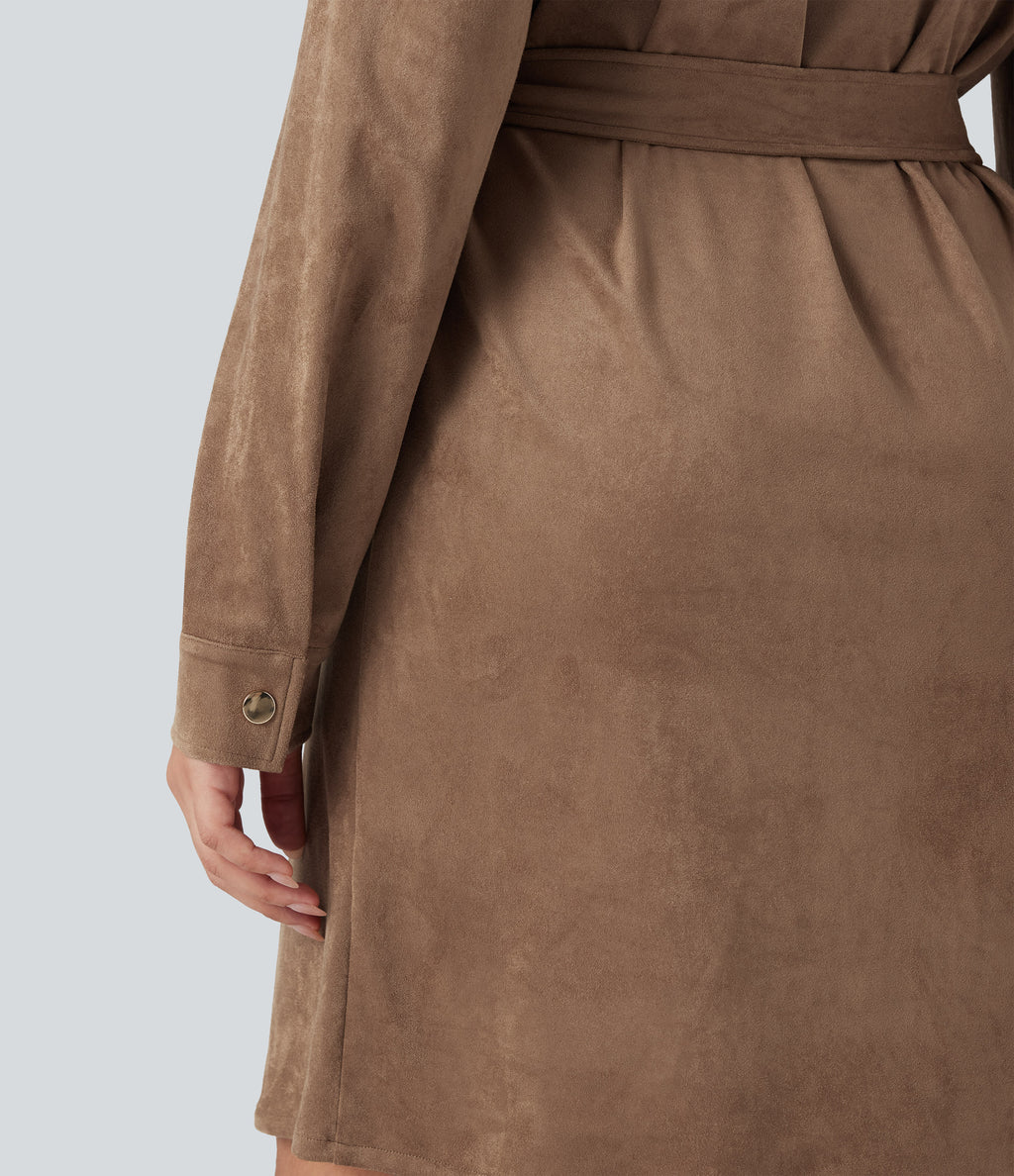 Long Sleeve Belted Suede Mini Casual Shirt Dress — Coca Mocha — view 5