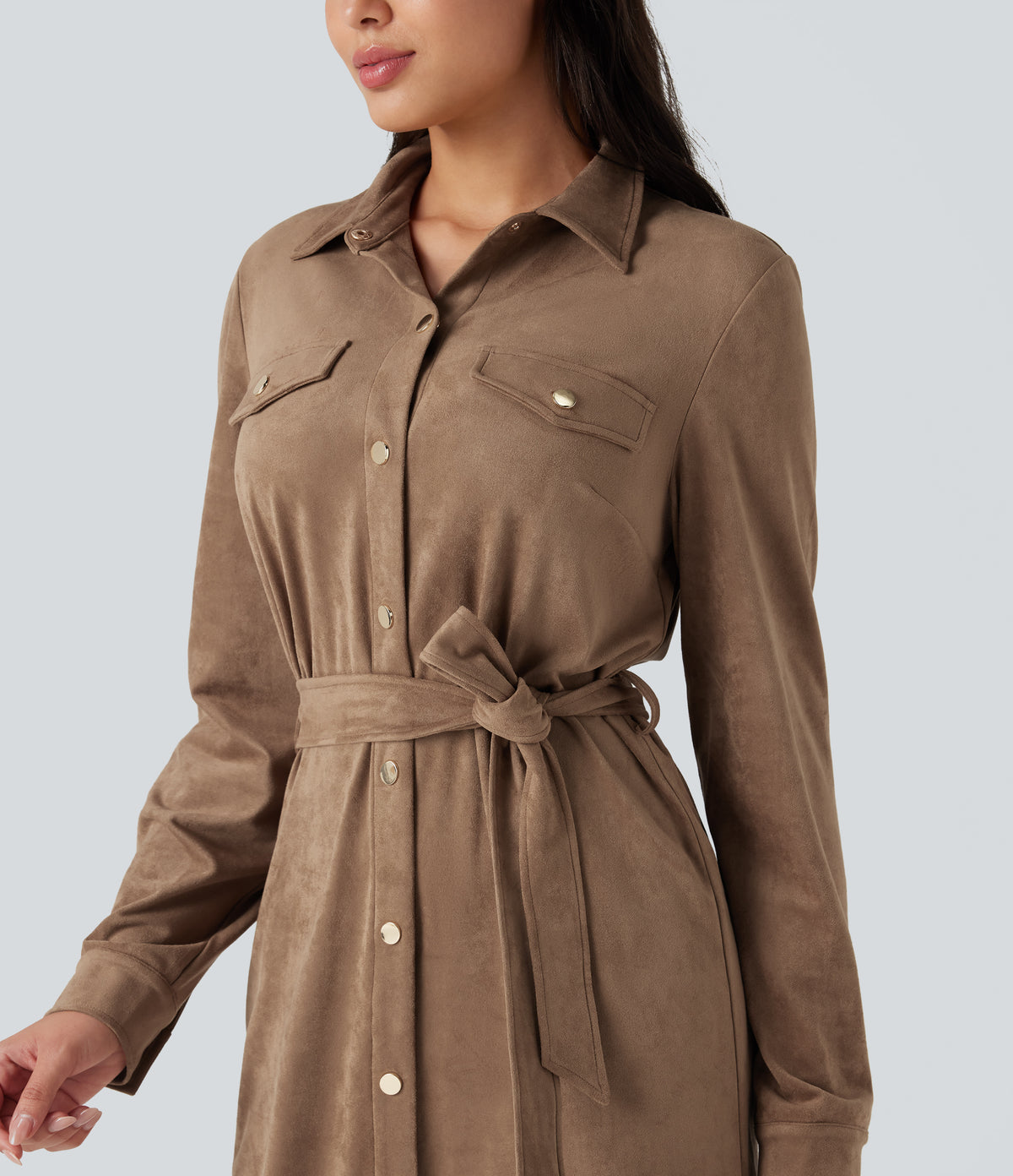 Long Sleeve Belted Suede Mini Casual Shirt Dress — Coca Mocha — view 4