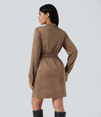 Long Sleeve Belted Suede Mini Casual Shirt Dress — Coca Mocha — view 2