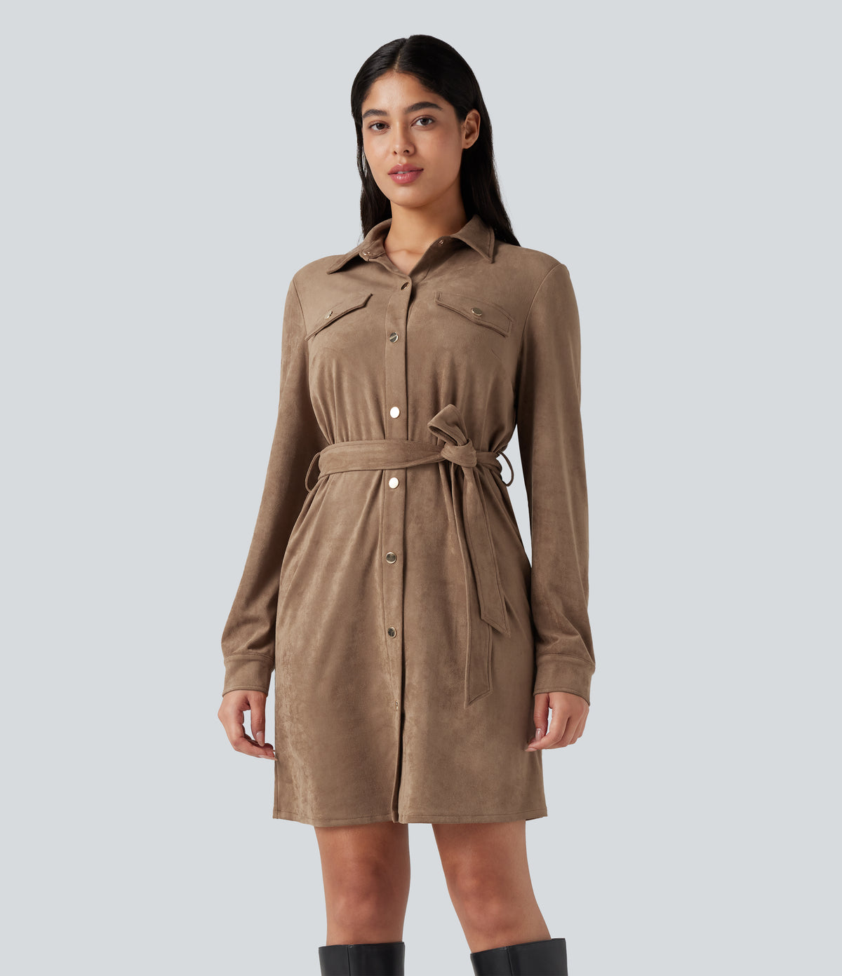 Long Sleeve Belted Suede Mini Casual Shirt Dress — Coca Mocha — view 1