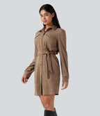 Long Sleeve Belted Suede Mini Casual Shirt Dress — Coca Mocha — view 3