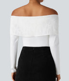 Off-shoulder Lace Long Sleeve Built-in Bra Casual Top — White — view 7
