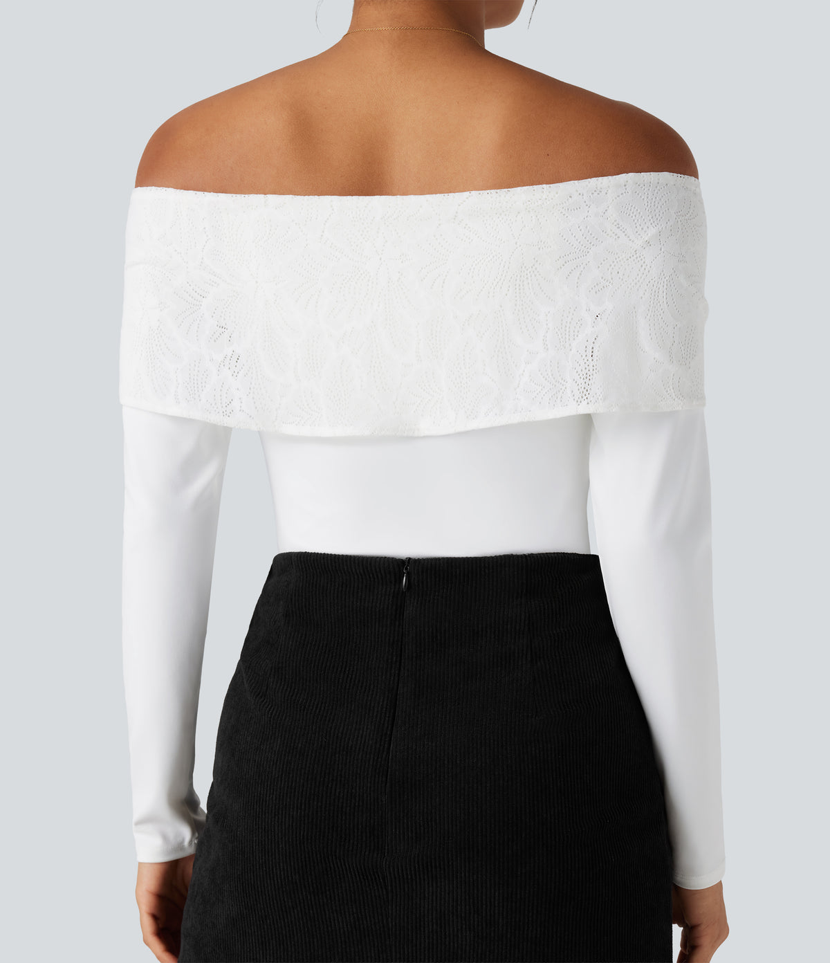 Off-shoulder Lace Long Sleeve Built-in Bra Casual Top — White — view 7