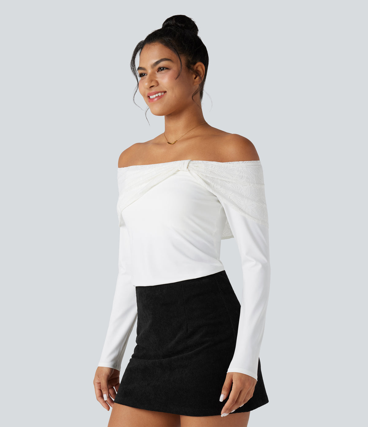 Off-shoulder Lace Long Sleeve Built-in Bra Casual Top — White — view 5