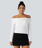 Off-shoulder Lace Long Sleeve Built-in Bra Casual Top — White — view 2