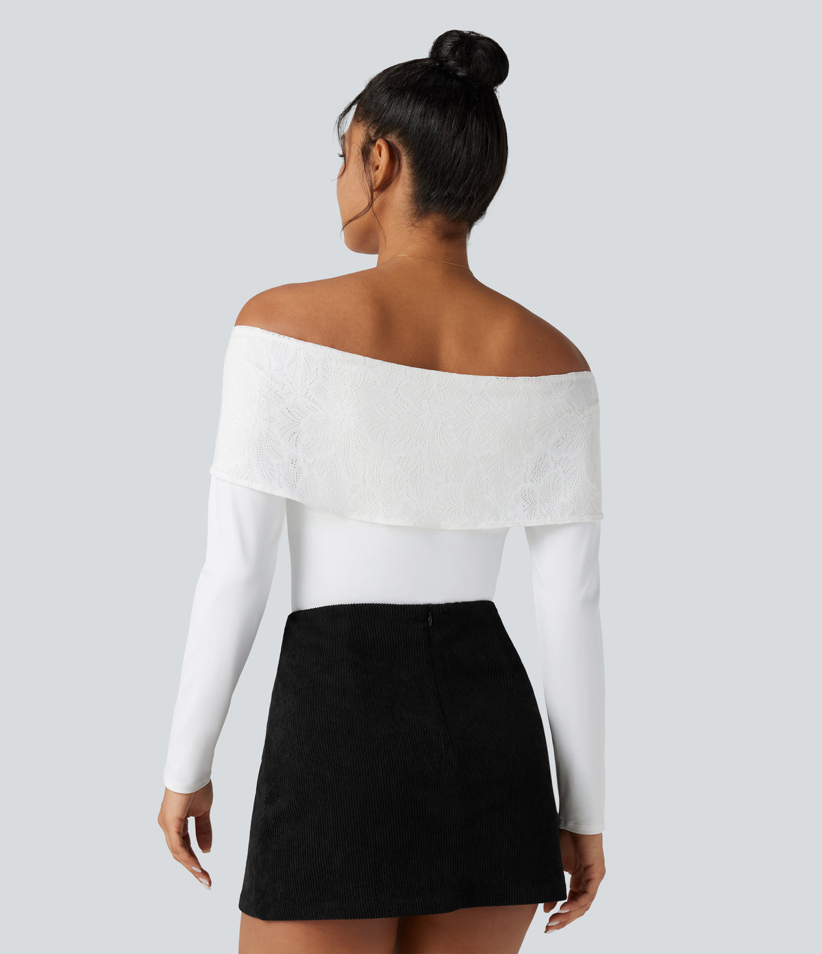 Off-shoulder Lace Long Sleeve Built-in Bra Casual Top — White — view 3
