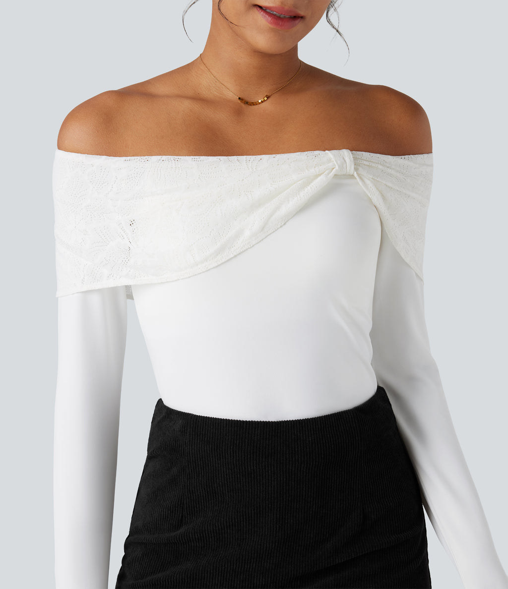 Off-shoulder Lace Long Sleeve Built-in Bra Casual Top — White — view 6