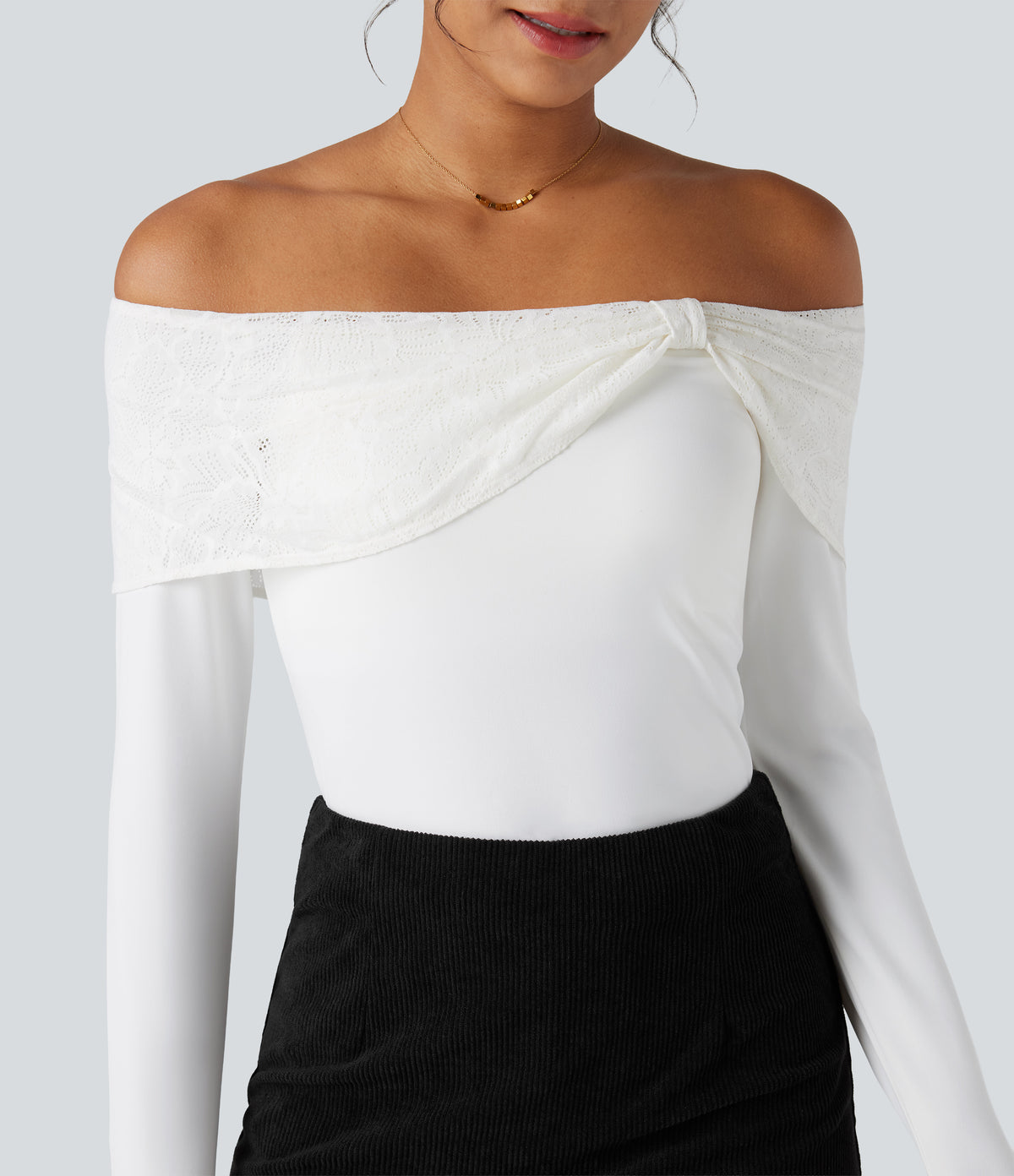 Off-shoulder Lace Long Sleeve Built-in Bra Casual Top — White — view 6
