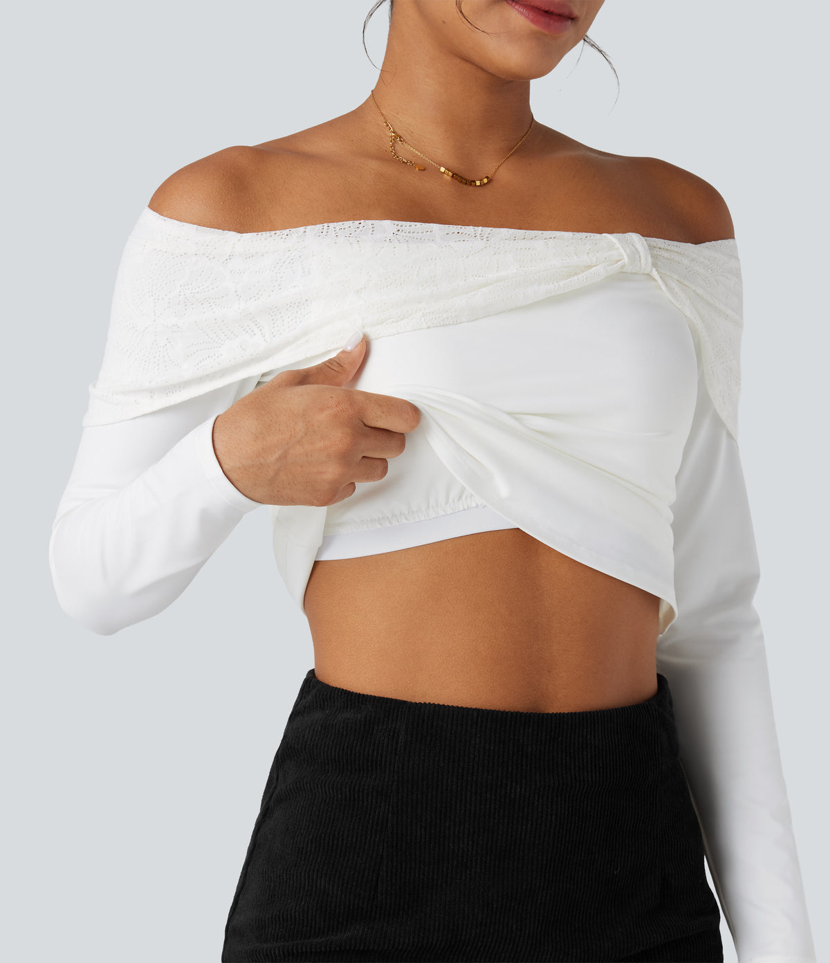 Off-shoulder Lace Long Sleeve Built-in Bra Casual Top — White — view 1