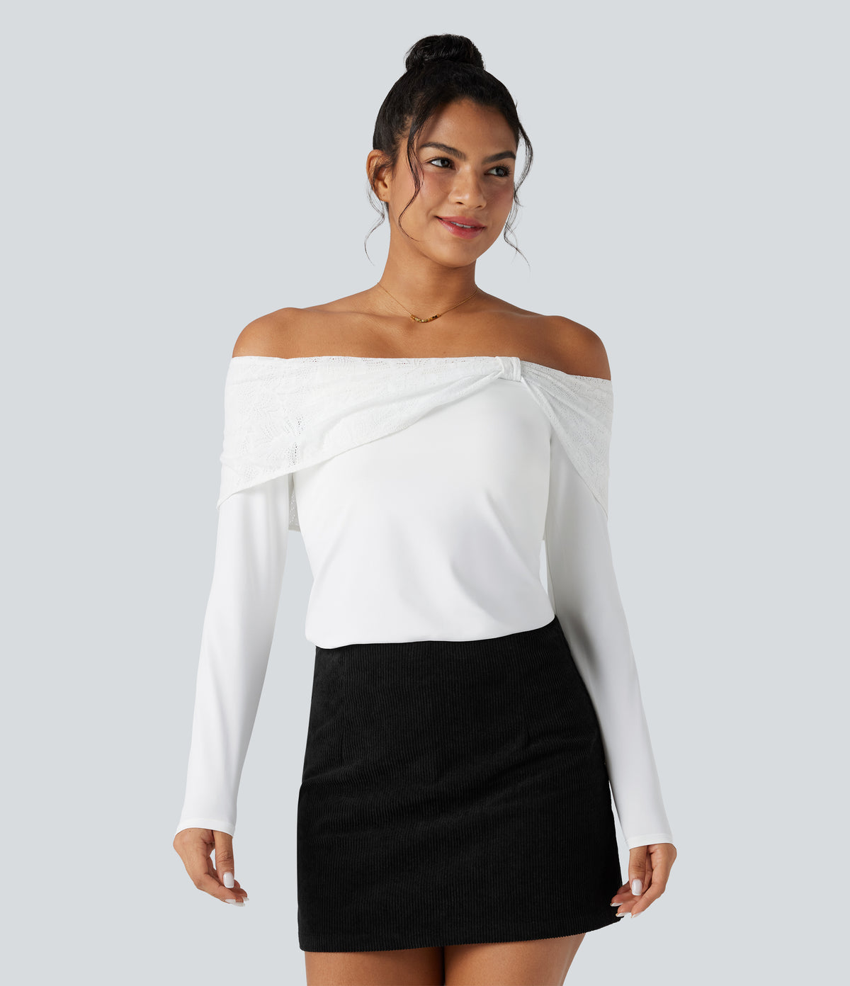 Off-shoulder Lace Long Sleeve Built-in Bra Casual Top — White — view 4