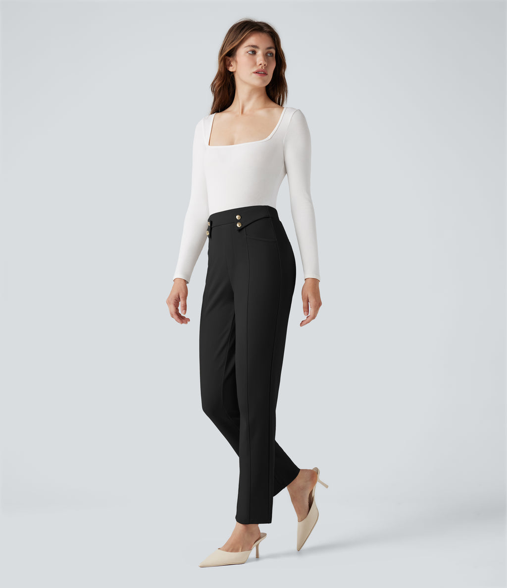 High Waisted Work Tapered Trousers with Pockets — Black — view 7