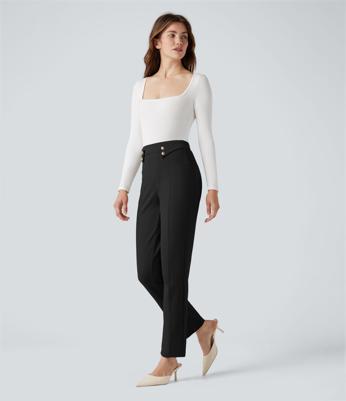 High Waisted Work Tapered Trousers with Pockets — Black — view 7