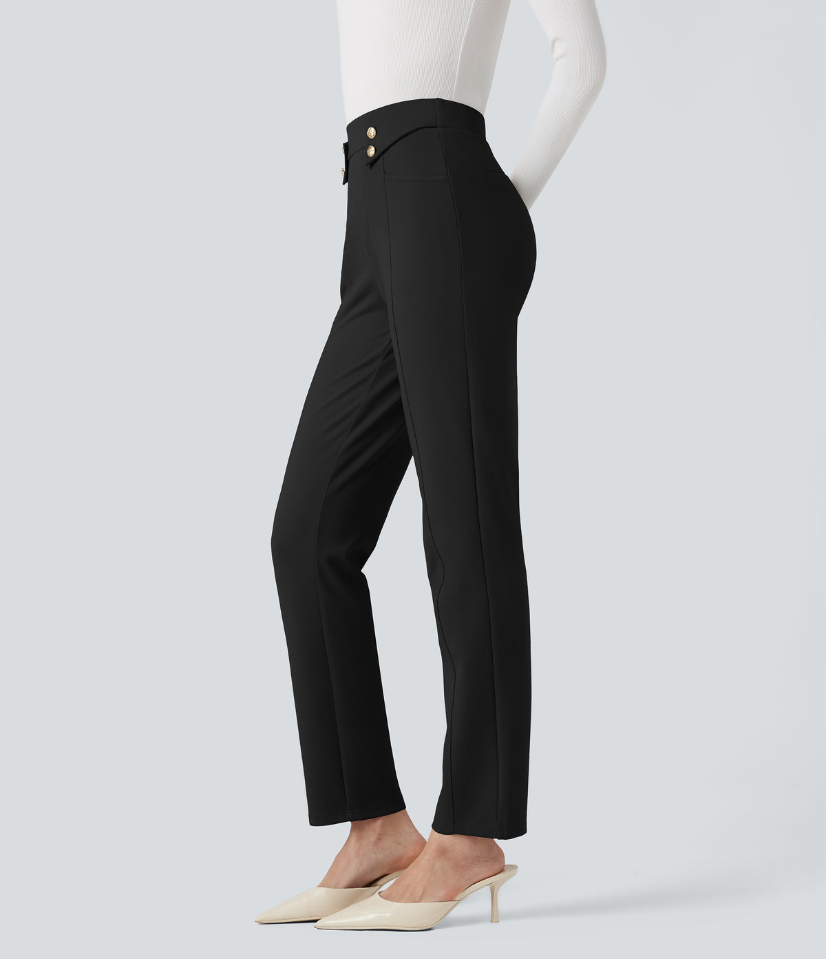 High Waisted Work Tapered Trousers with Pockets — Black — view 4