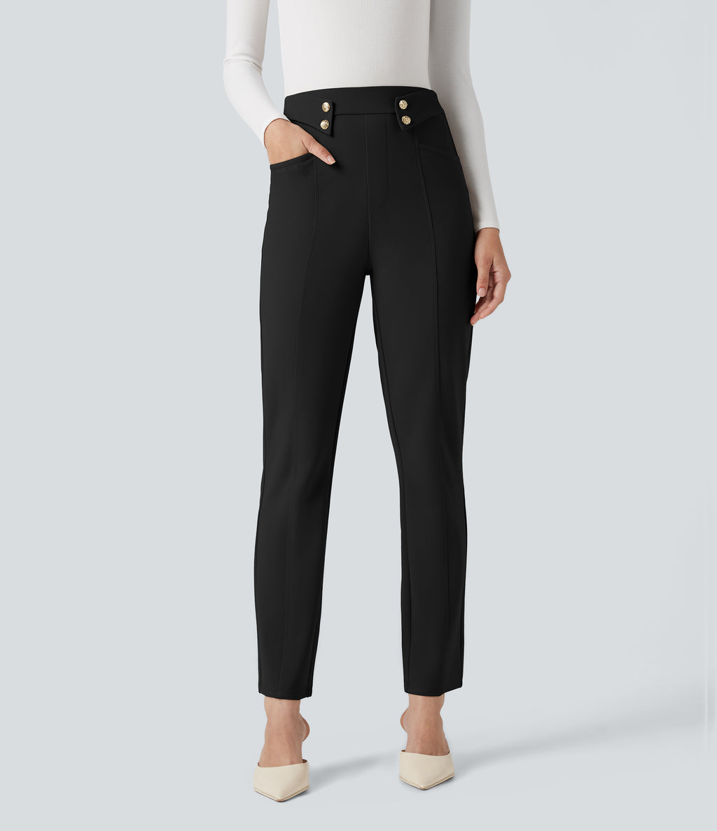 High Waisted Work Tapered Trousers with Pockets — Black — view 3