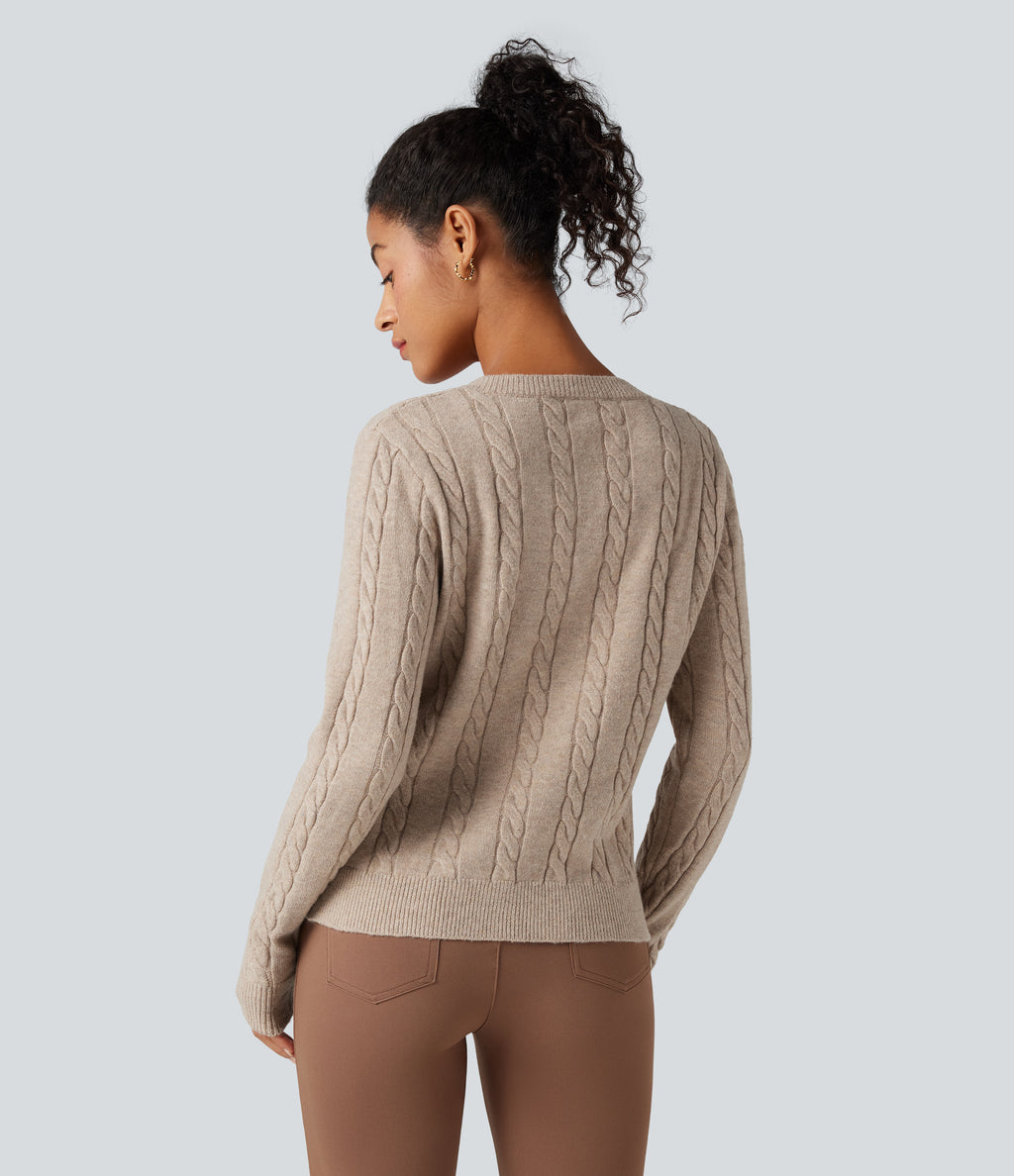 Round Neck Long Sleeve Cable Knit Work Cardigan — Mocha Meringue — view 2