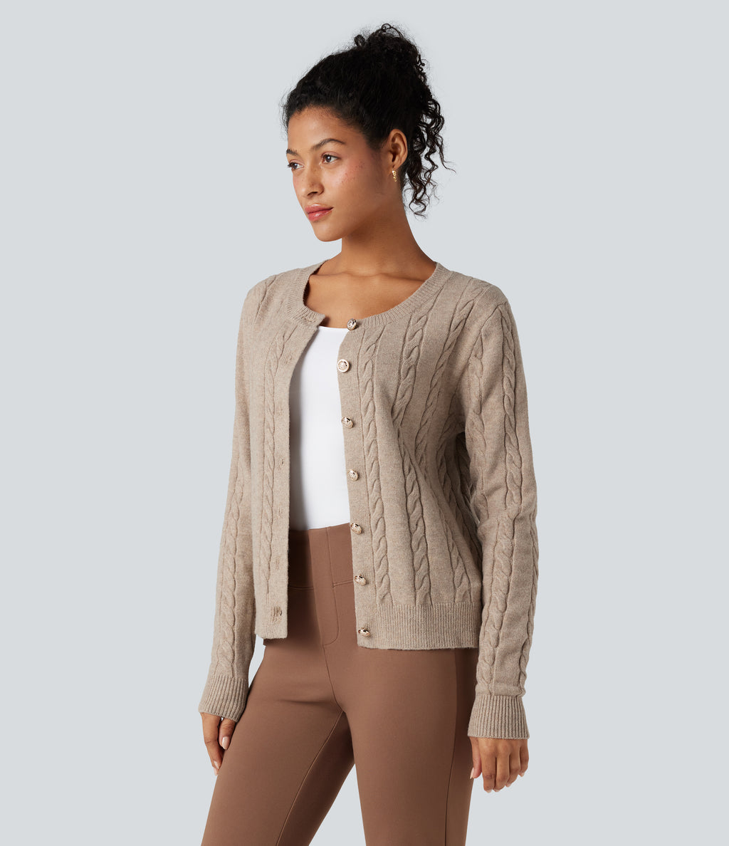 Round Neck Long Sleeve Cable Knit Work Cardigan — Mocha Meringue — view 3
