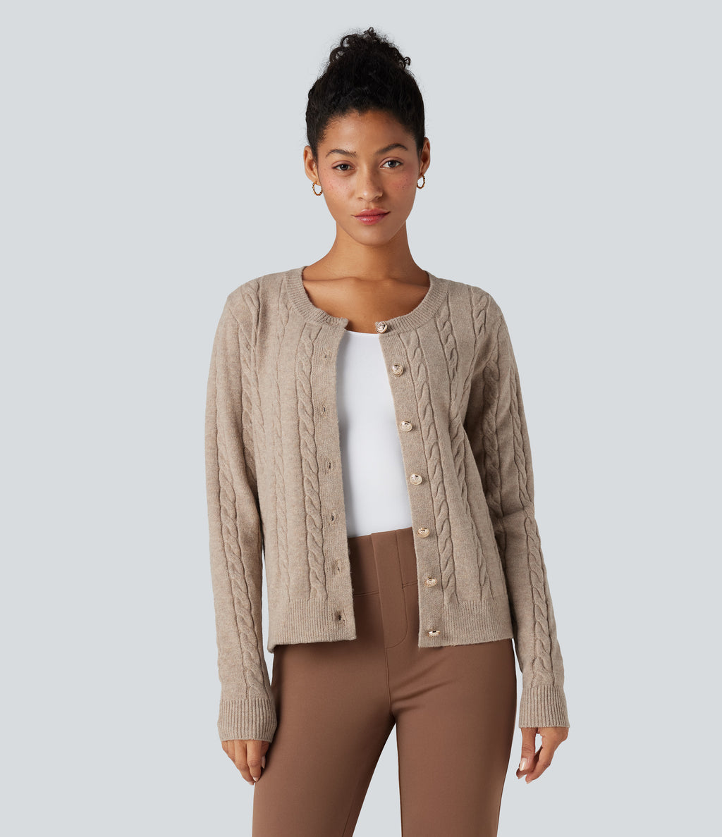 Round Neck Long Sleeve Cable Knit Work Cardigan — Mocha Meringue — view 1