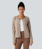 Round Neck Long Sleeve Cable Knit Work Cardigan — Mocha Meringue — view 1