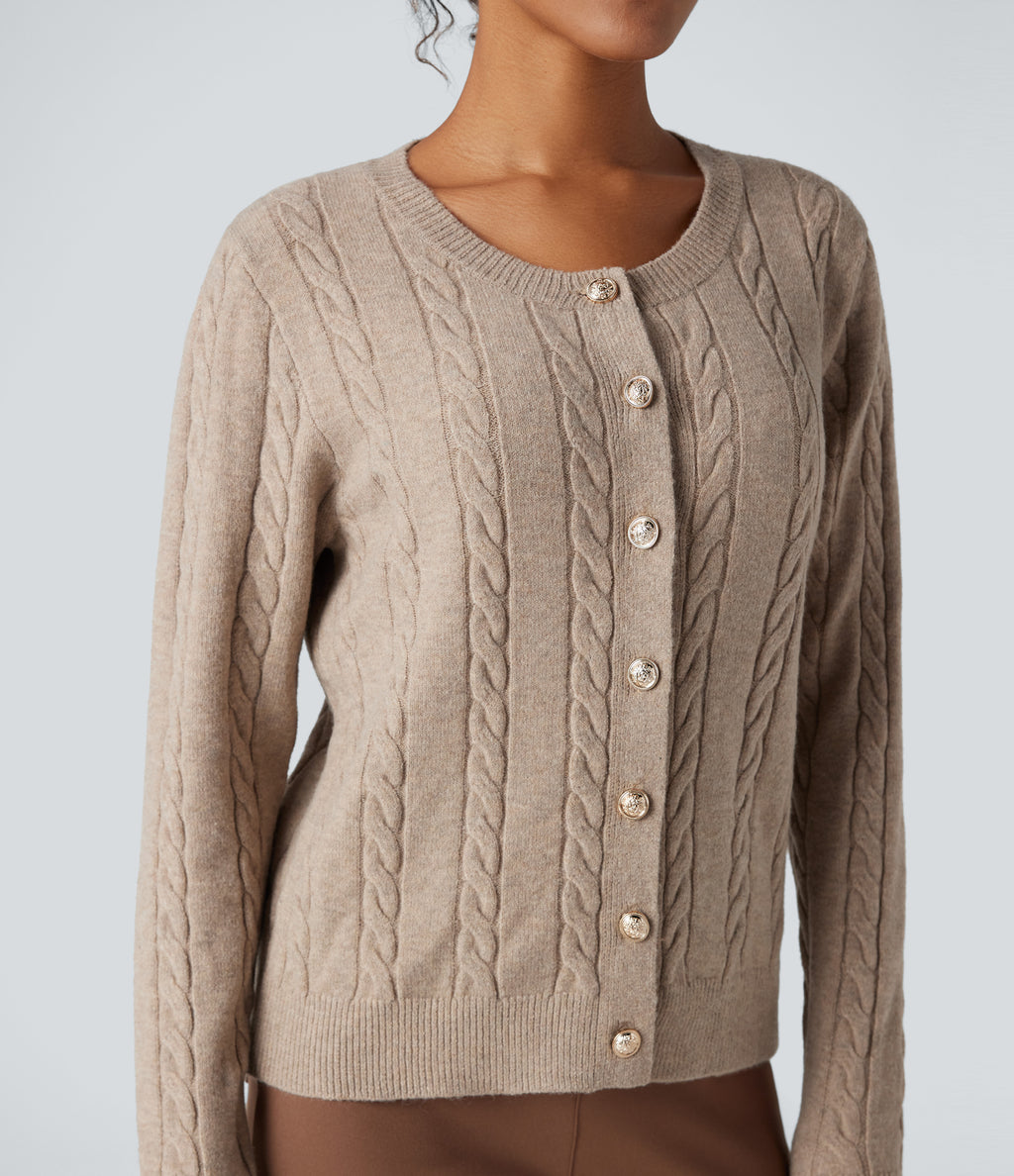 Round Neck Long Sleeve Cable Knit Work Cardigan — Mocha Meringue — view 4