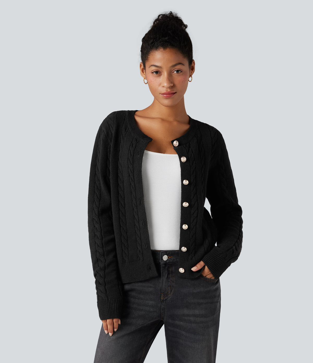 Round Neck Long Sleeve Cable Knit Work Cardigan — Black — view 6
