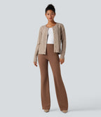 Round Neck Long Sleeve Cable Knit Work Cardigan — Mocha Meringue — view 5