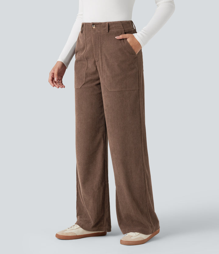 High Waisted Corduroy Casual Wide Leg Trousers with Pockets — Acorn — view 1