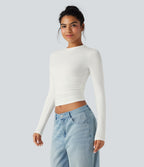 Round Neck Long Sleeve Ruched Casual Top — White — view 4