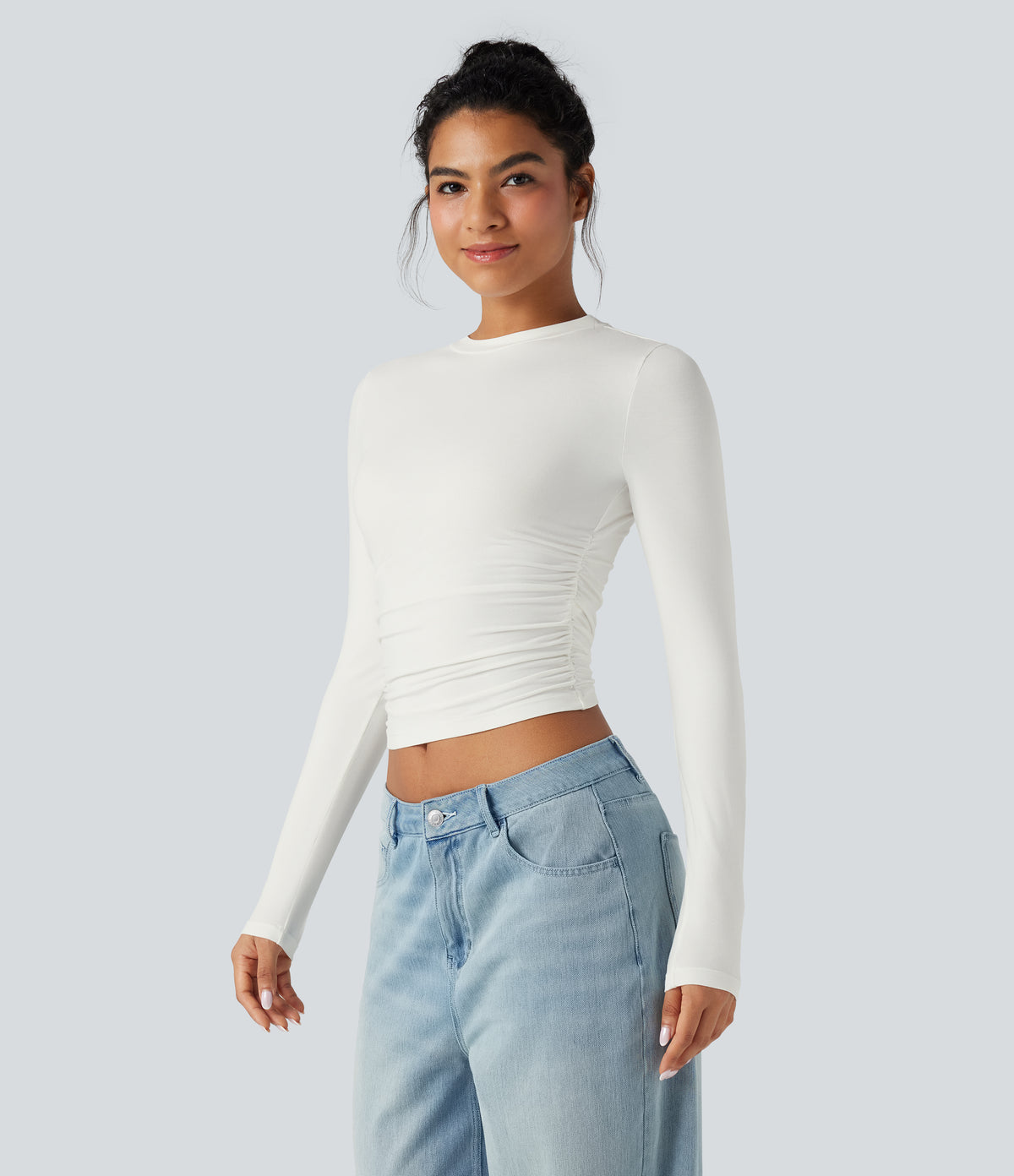 Round Neck Long Sleeve Ruched Casual Top — White — view 4