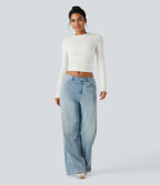Round Neck Long Sleeve Ruched Casual Top — White — view 5