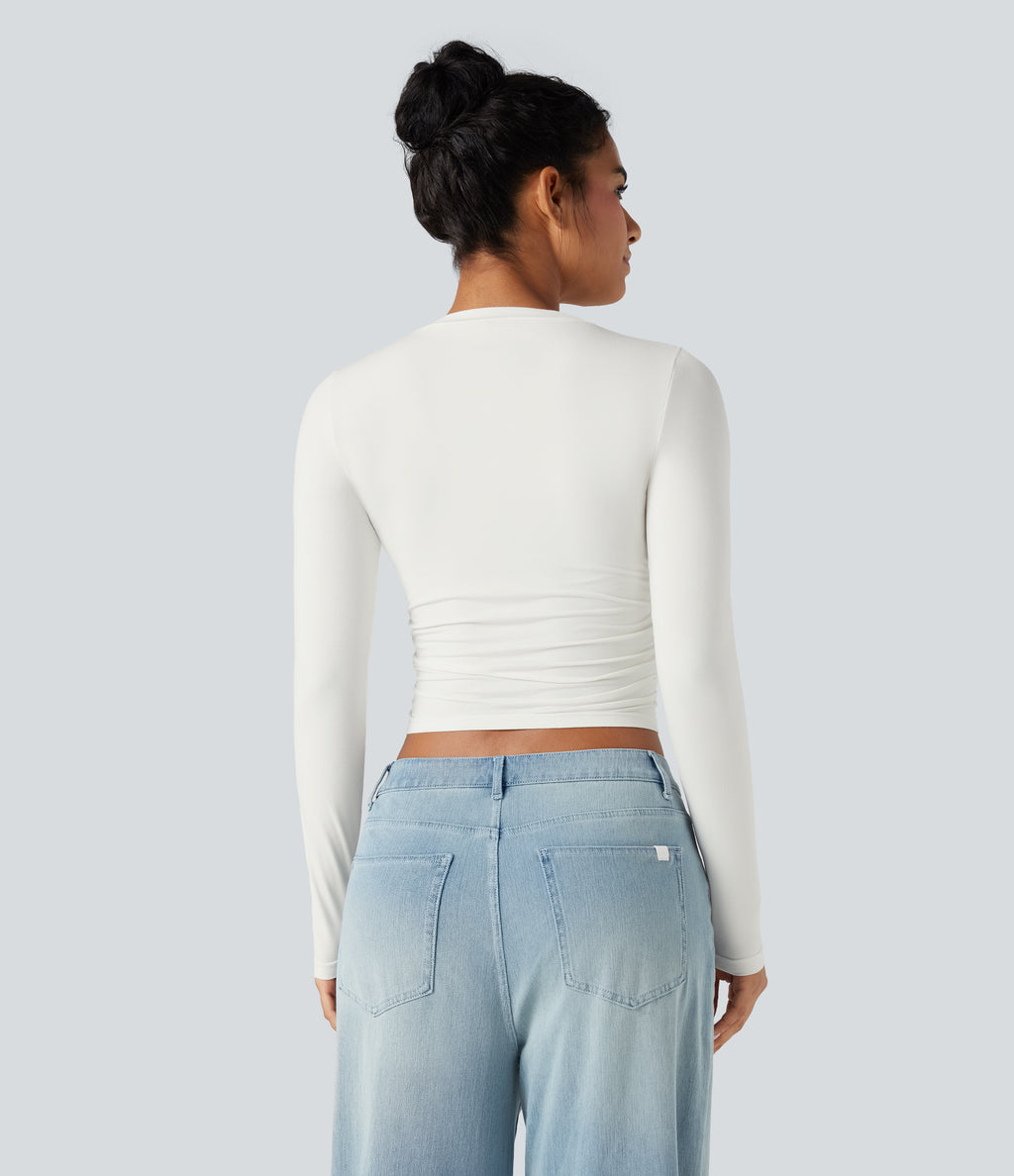 Round Neck Long Sleeve Ruched Casual Top — White — view 3