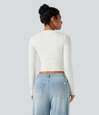 Round Neck Long Sleeve Ruched Casual Top — White — view 3
