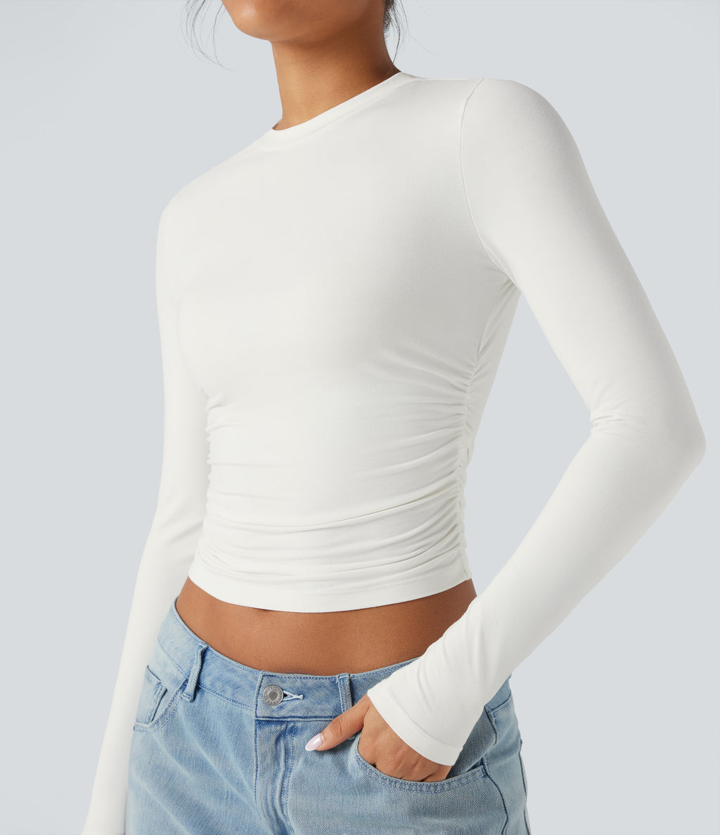 Round Neck Long Sleeve Ruched Casual Top — White — view 1
