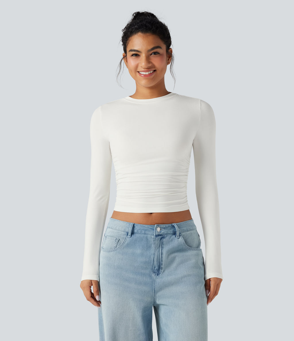 Round Neck Long Sleeve Ruched Casual Top — White — view 2