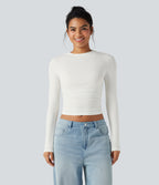 Round Neck Long Sleeve Ruched Casual Top — White — view 2