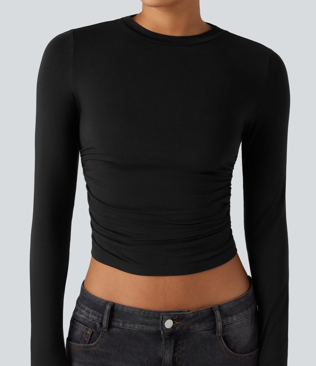 Round Neck Long Sleeve Ruched Casual Top — Black — view 6