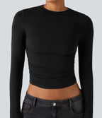 Round Neck Long Sleeve Ruched Casual Top — Black — view 6