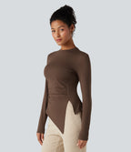 Long Sleeve Ruched Split Hem Casual T-Shirt — Chestnut — view 4