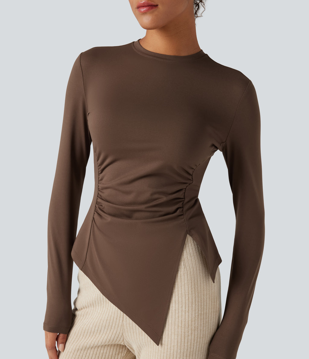 Long Sleeve Ruched Split Hem Casual T-Shirt — Chestnut — view 1