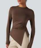 Long Sleeve Ruched Split Hem Casual T-Shirt — Chestnut — view 1