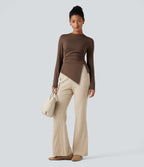 Long Sleeve Ruched Split Hem Casual T-Shirt — Chestnut — view 5