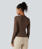 Long Sleeve Ruched Split Hem Casual T-Shirt — Chestnut — view 3