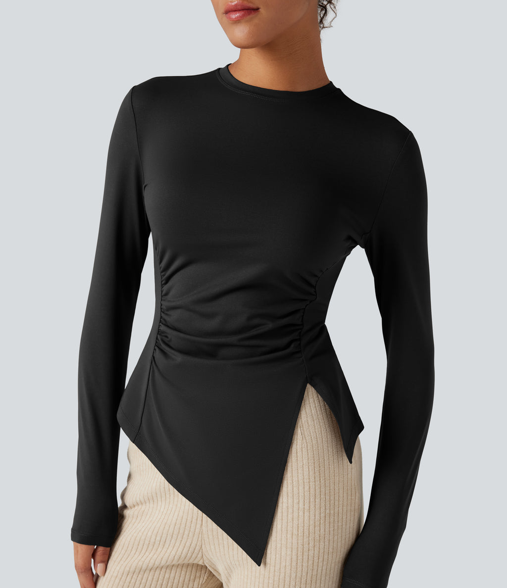 Long Sleeve Ruched Split Hem Casual T-Shirt — Black — view 6
