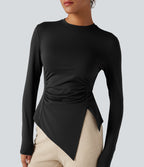 Long Sleeve Ruched Split Hem Casual T-Shirt — Black — view 6
