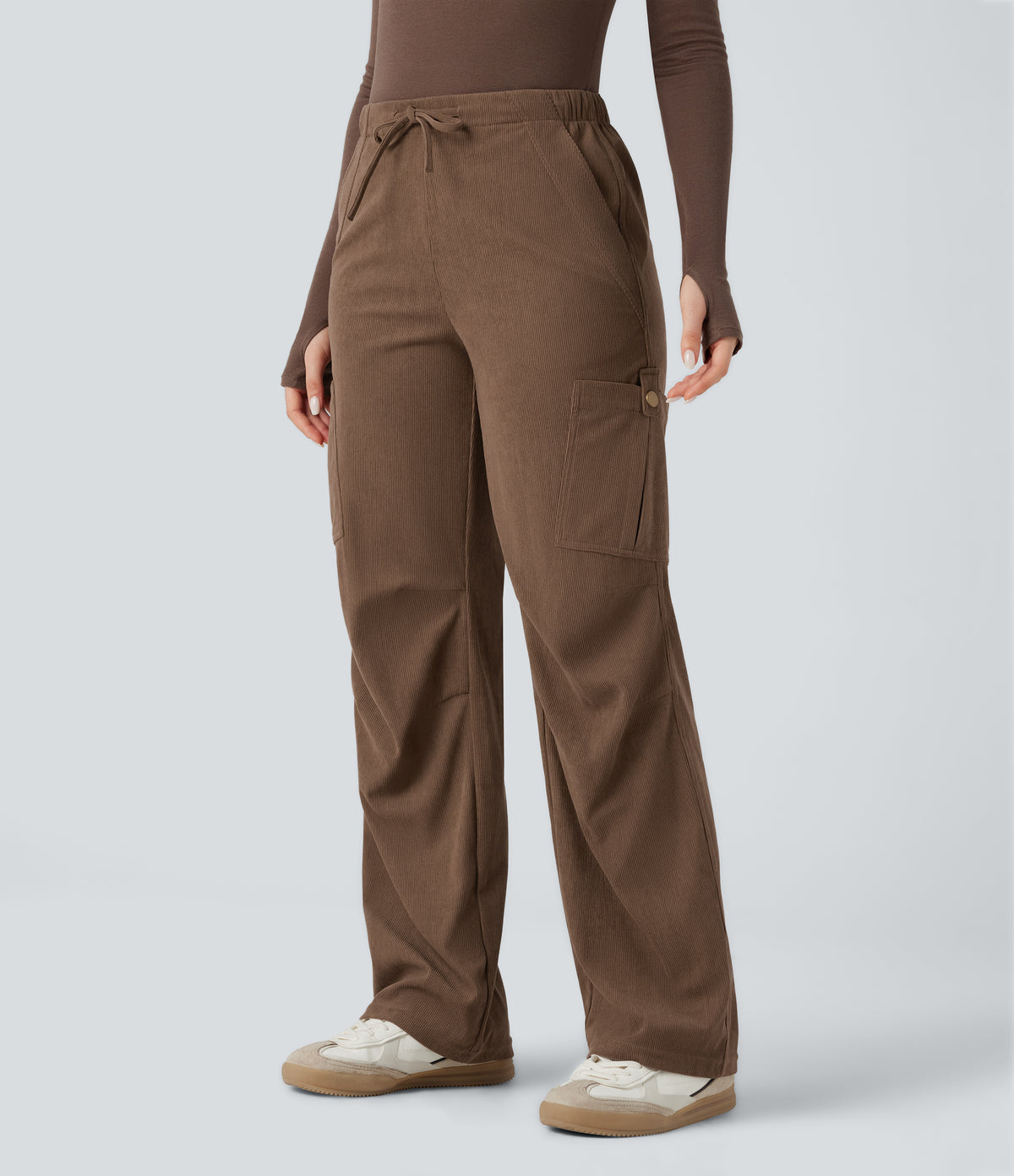 Mid Rise Drawstring Corduroy Casual Straight Leg Cargo Trousers with Pockets — Camellia Brown — view 1