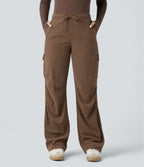Mid Rise Drawstring Corduroy Casual Straight Leg Cargo Trousers with Pockets — Camellia Brown — view 3