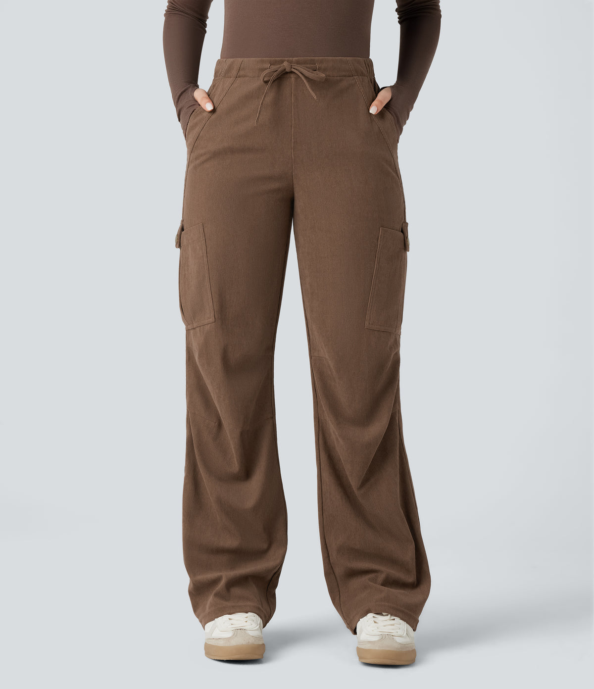 Mid Rise Drawstring Corduroy Casual Straight Leg Cargo Trousers with Pockets — Camellia Brown — view 3